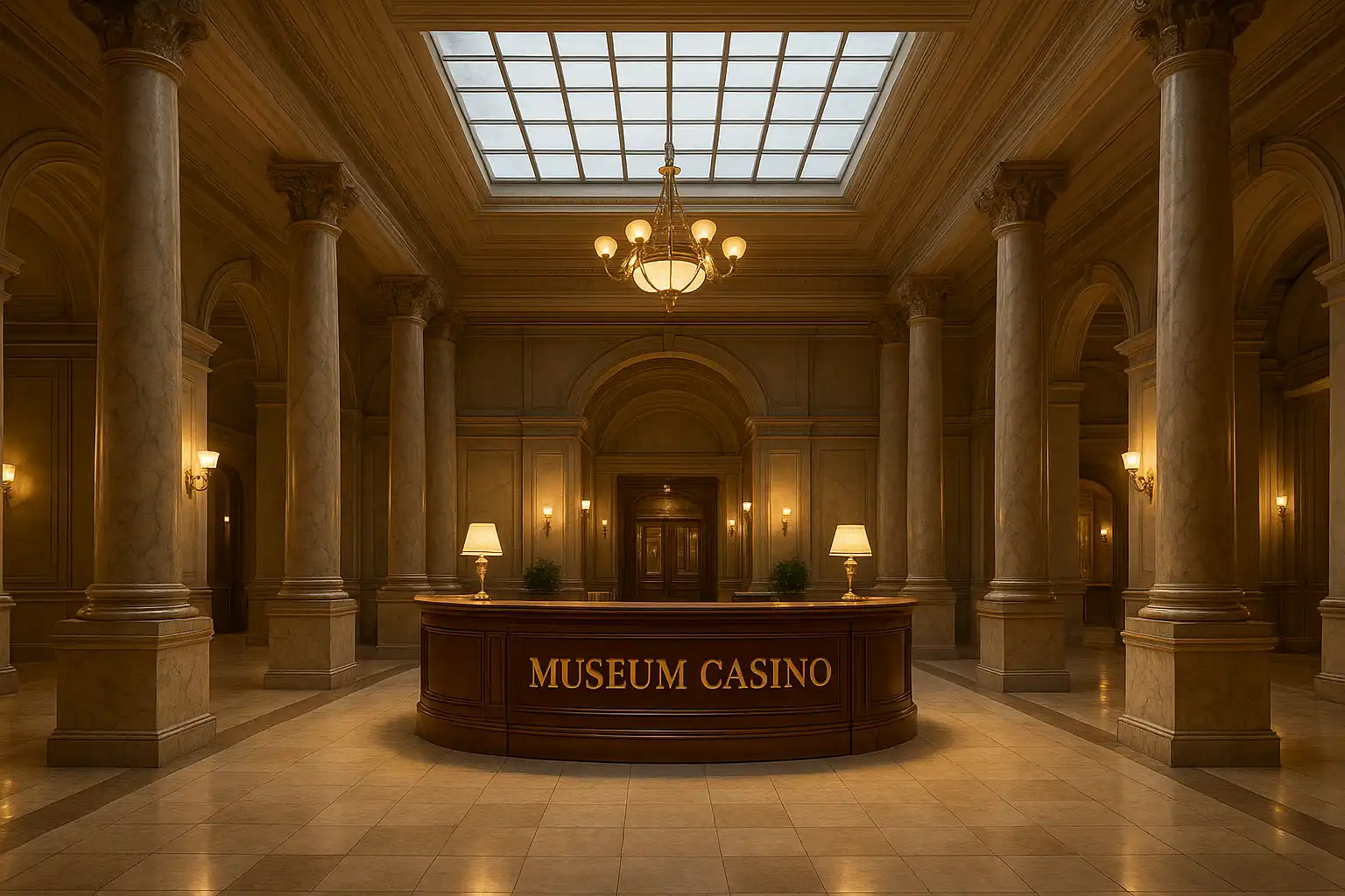Grand entrance hall of the TweedBet casino designed like a British museum with columns and skylight