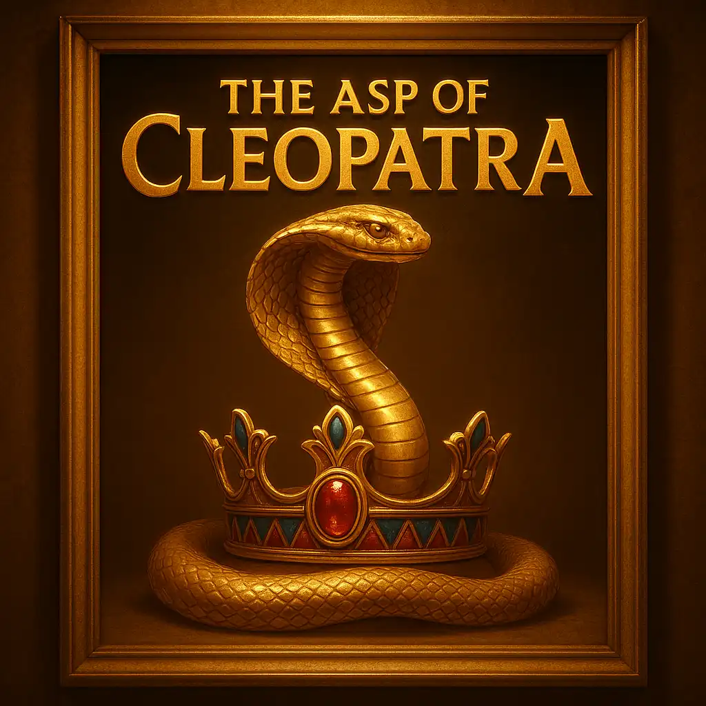 The Asp of Cleopatra slot game artwork displayed in a museum-style frame