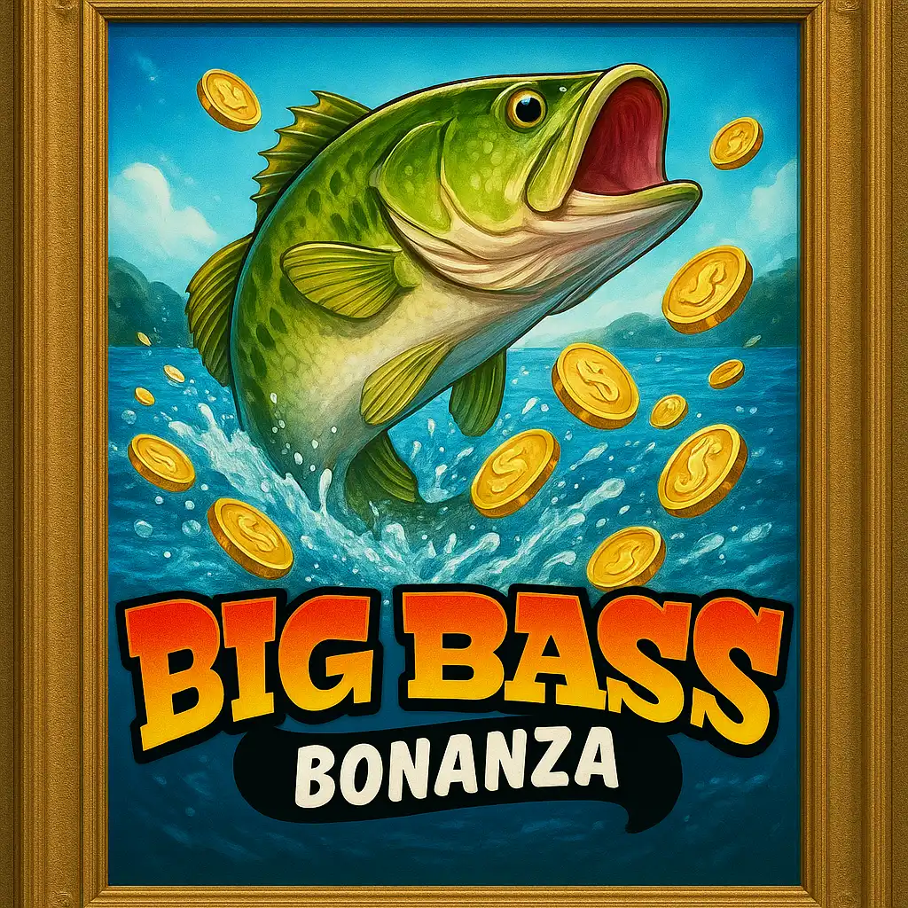 Big Bass Bonanza slot game artwork displayed in a museum-style frame