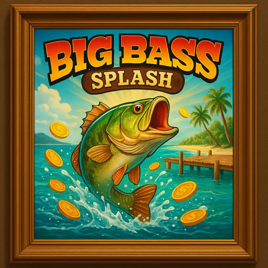 Big Bass Splash slot game artwork displayed in a museum-style frame