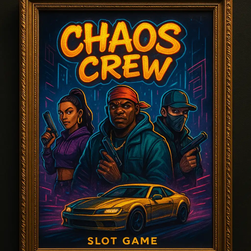 Chaos Crew 2 slot game artwork displayed in a museum-style frame