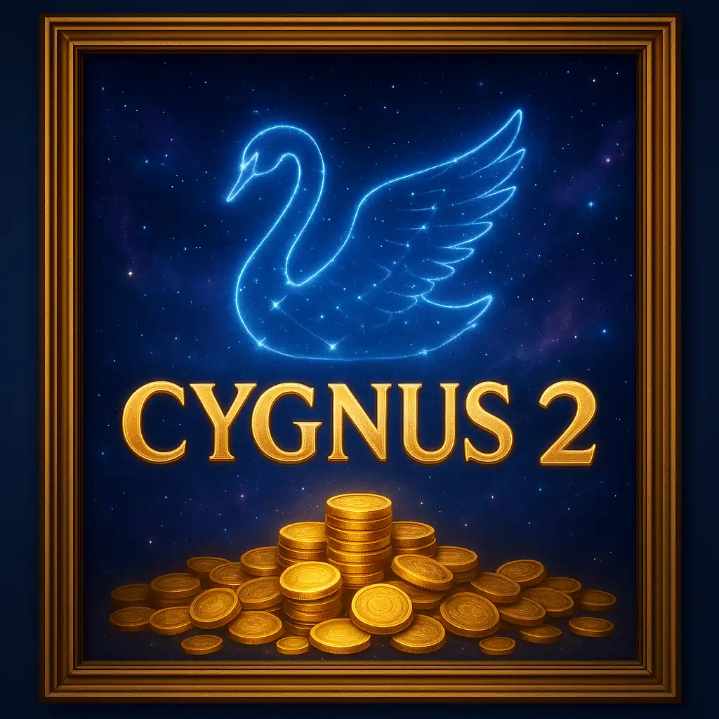 Cygnus 2 slot game artwork displayed in a museum-style frame