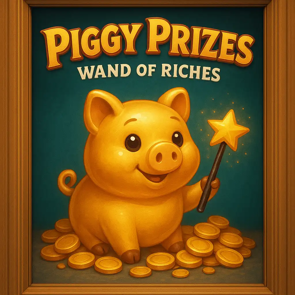 Piggy Prizes Wand of Riches slot game artwork displayed in a museum-style frame