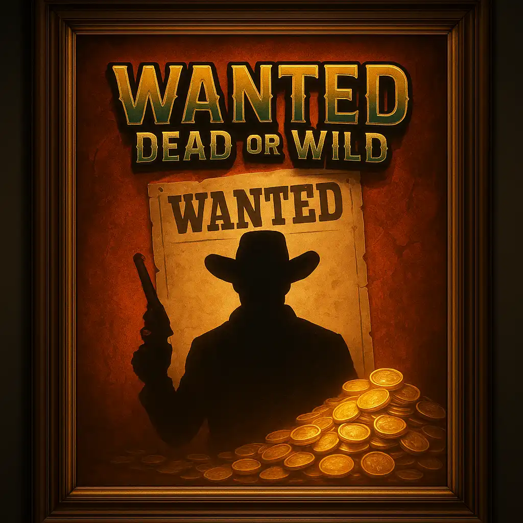 Wanted Dead or a Wild slot game artwork displayed in a museum-style frame