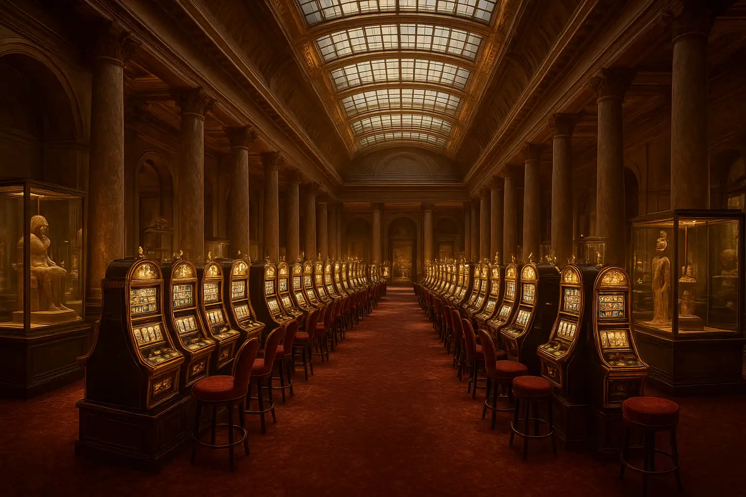 Grand marble gallery of TweedBet casino with towering columns and gilded slot machines