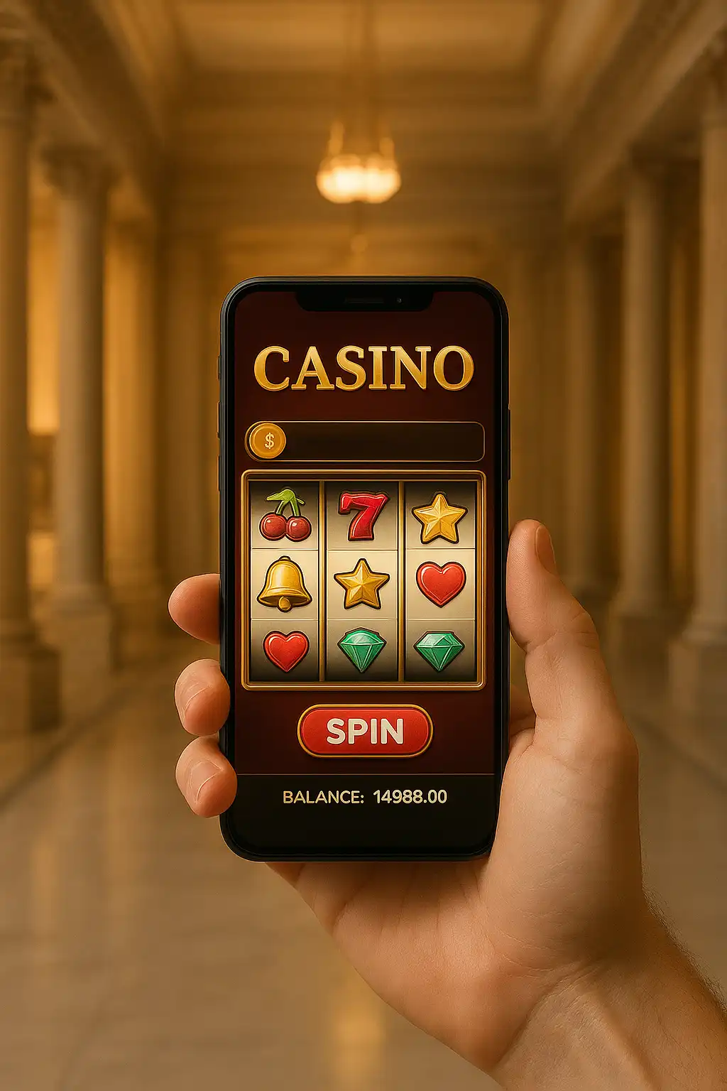 Hand holding a smartphone showing the TweedBet casino app inside a marble museum gallery