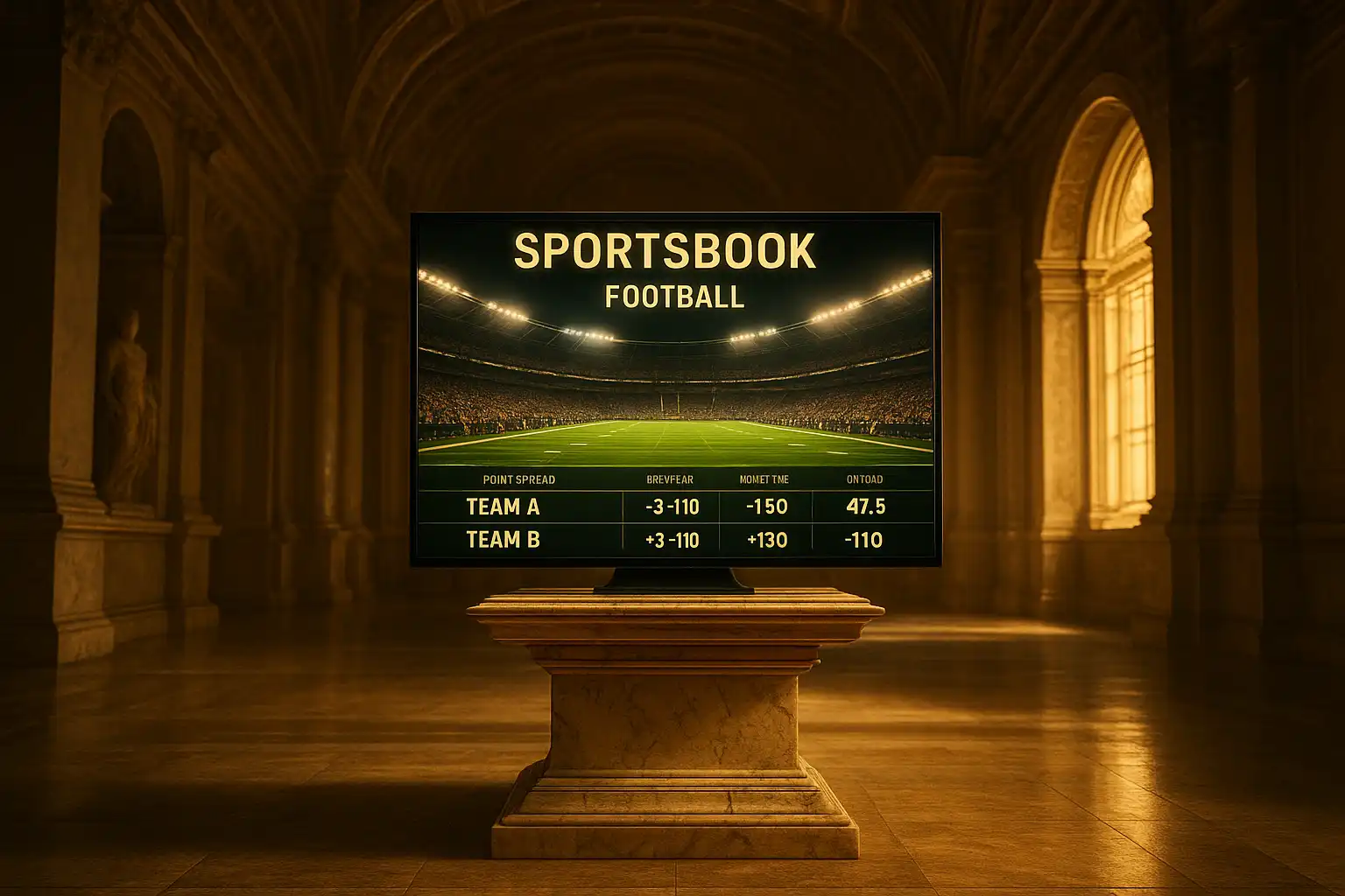 Sportsbook betting screen displayed on a marble pedestal inside a grand museum hall