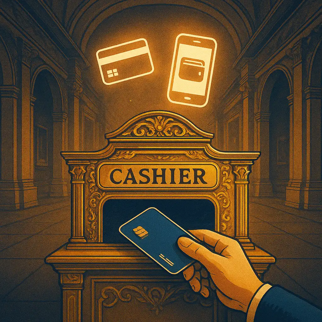 Player depositing funds via card and e-wallet icons in a gilded casino cashier