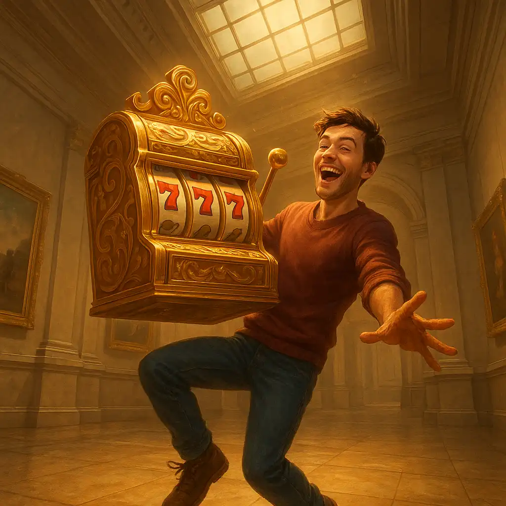 Player spinning a golden slot machine reel inside an ornate museum gallery