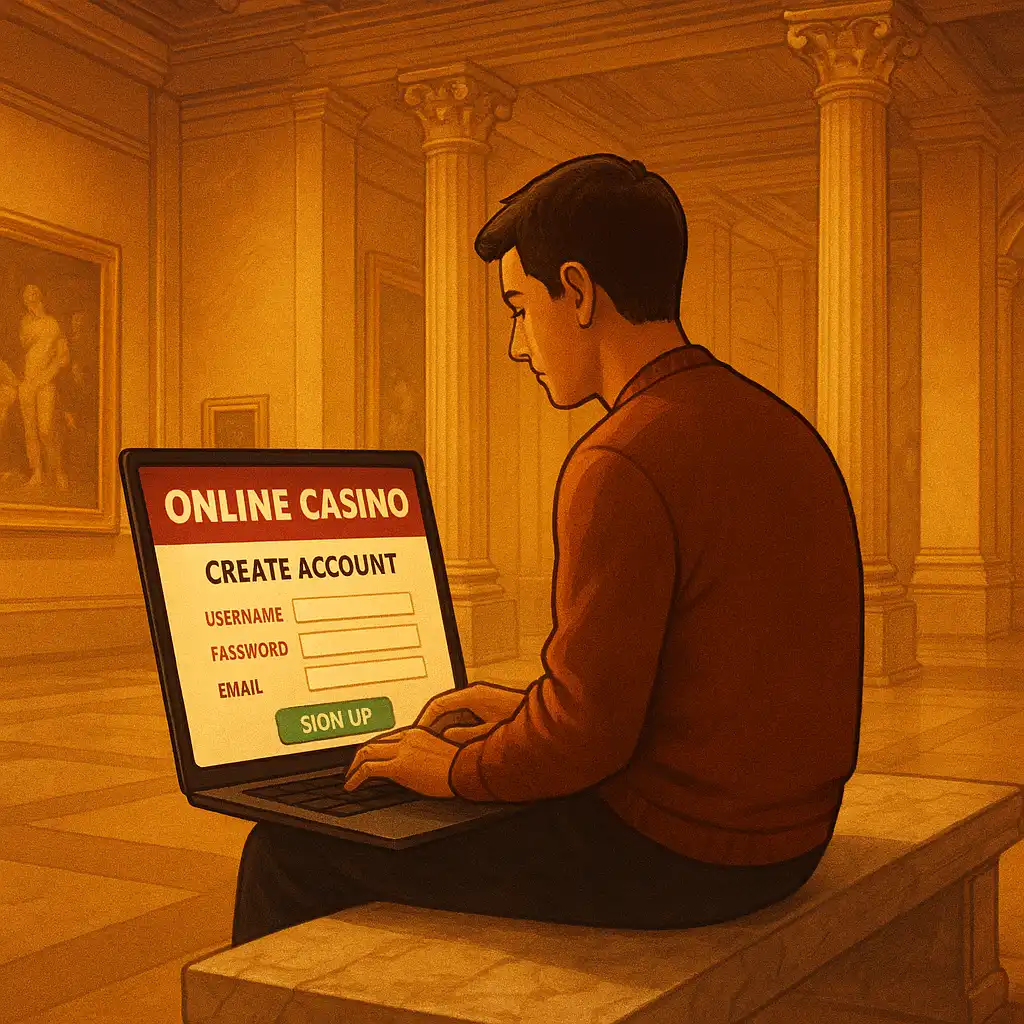 Player creating a TweedBet account on a laptop in a marble hall