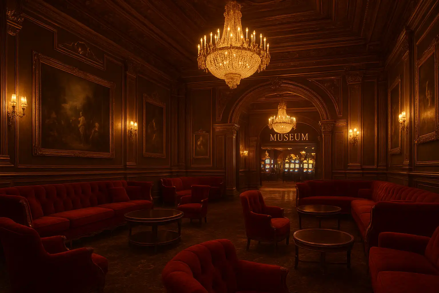 Ornate VIP lounge with velvet seating and gold trim inside the TweedBet museum casino